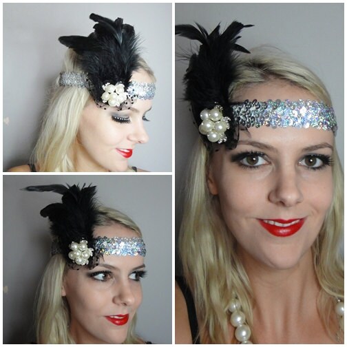 1920s black feather silver flapper headband races PREORDER