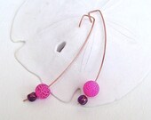 Modern copper earrings. hot pink beaded earrings. long earrings