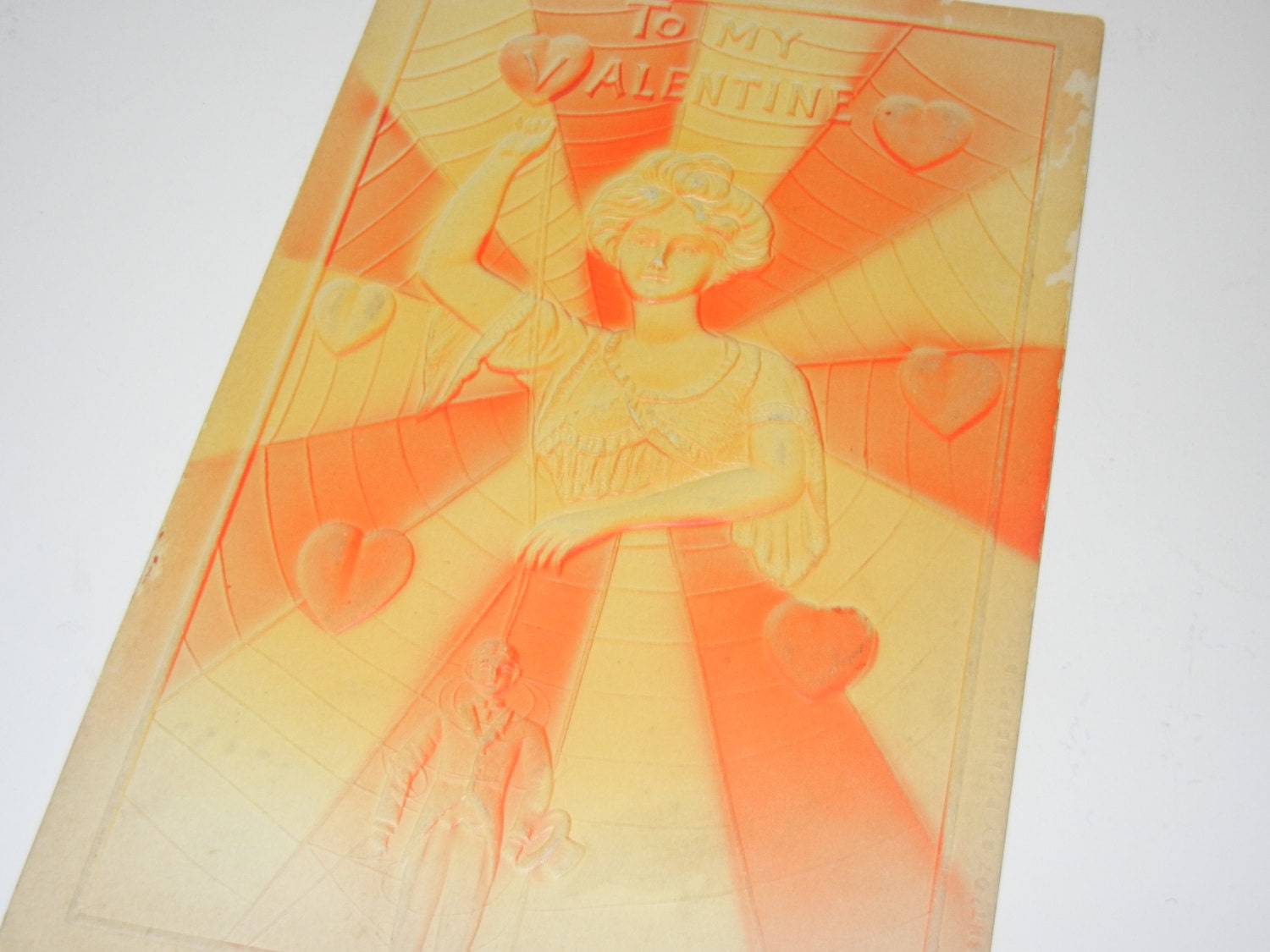 Lady with Creepy Puppet in Spider Web Heavily Embossed Valentine Postcard