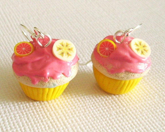 Pink Grapefruit and Banana Cupcake Earrings, Clay Mini Food Earrings with Pink Frosting and Fruit, Cute Cupcake, Yellow and Pink