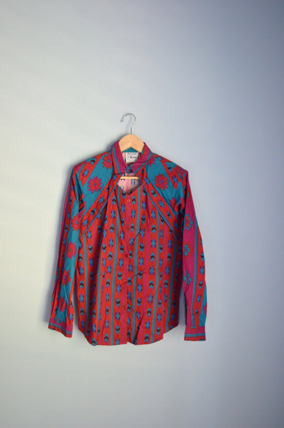 Vintage 90s Southwestern Country Red Pink Turquoise Blouse // cut out neck // womens medium