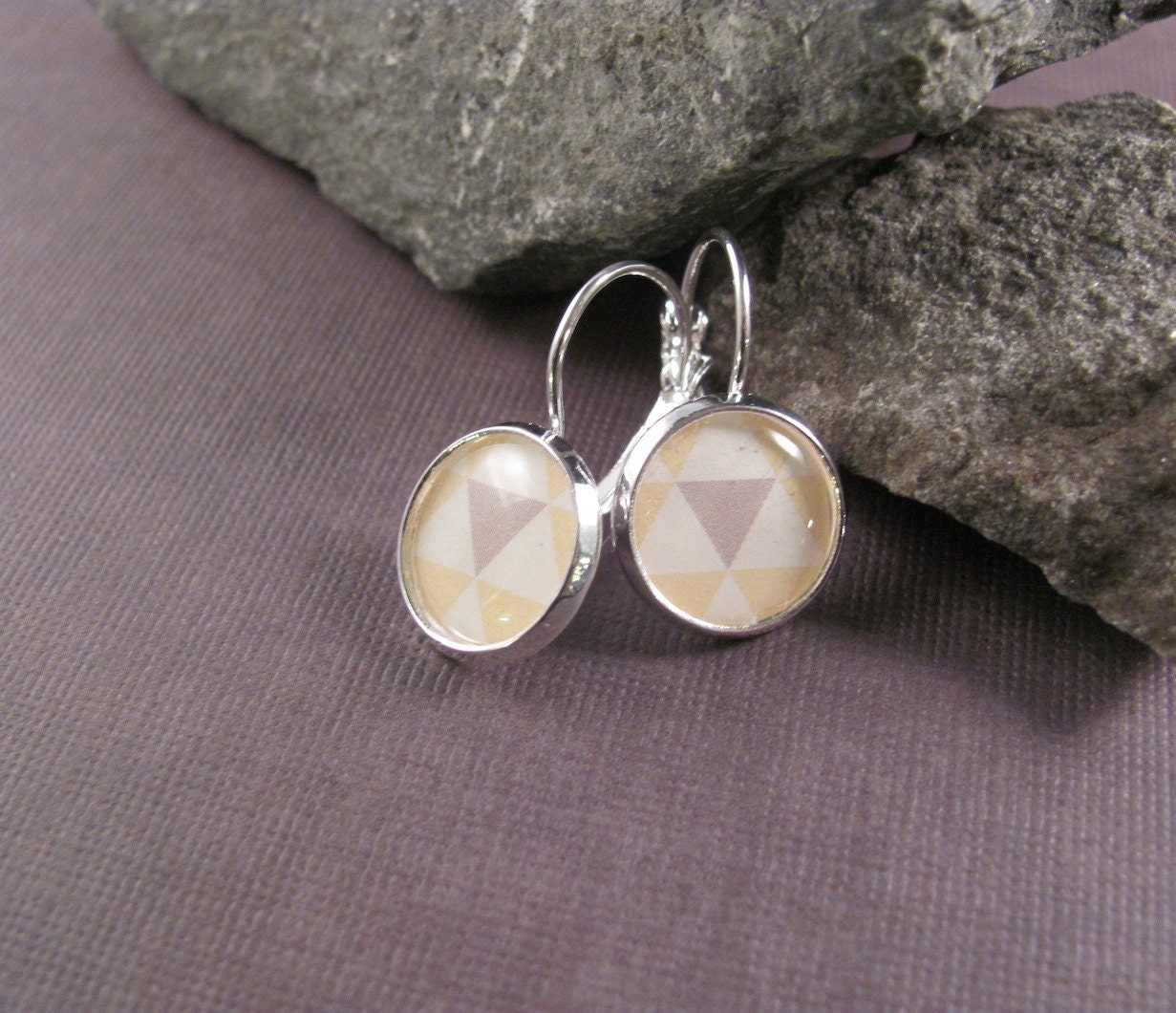 GeoDot - Geometric Triangle Print Earring, Silver-Plated, White Gray & Yellow