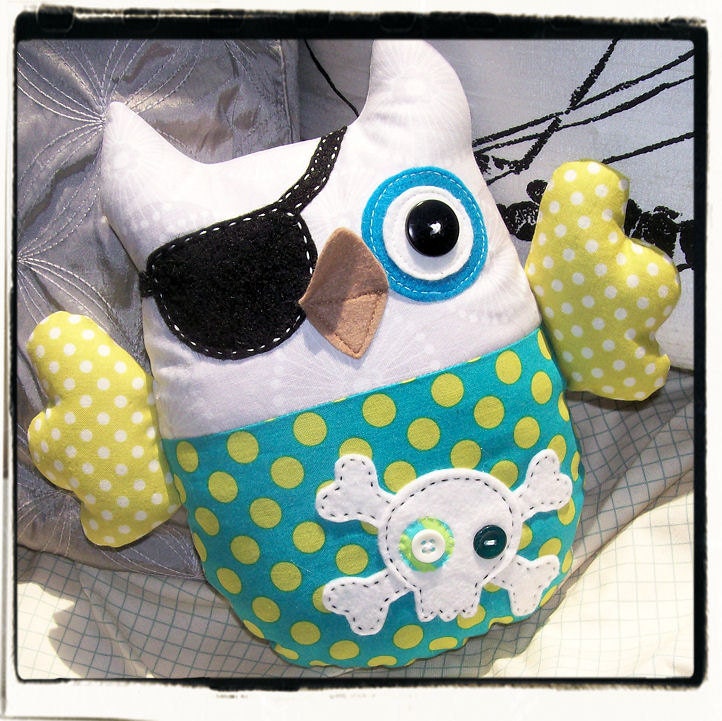 PIRATE OWL - Whimsical - Teal, Lime, Grey