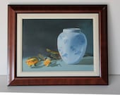 Original oil painting yellow rose blue vase framed in wood by Peggy Martinez