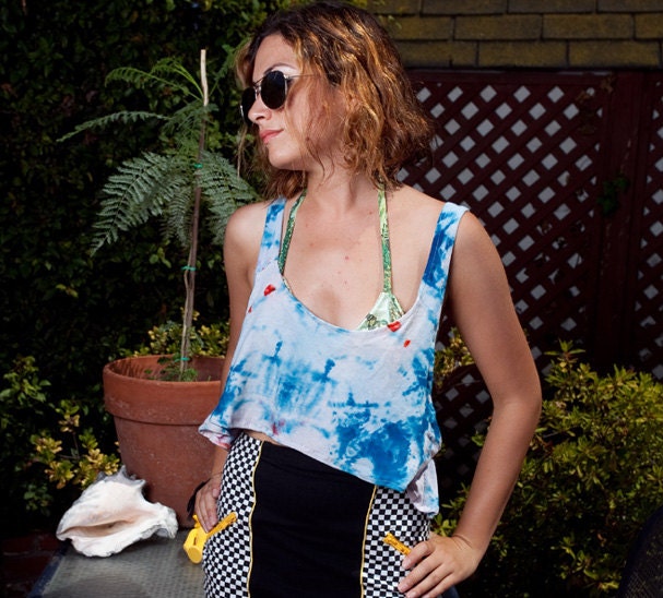 80s soft Cotton Tie Dye wavy Hem Racerback Croptop M/L