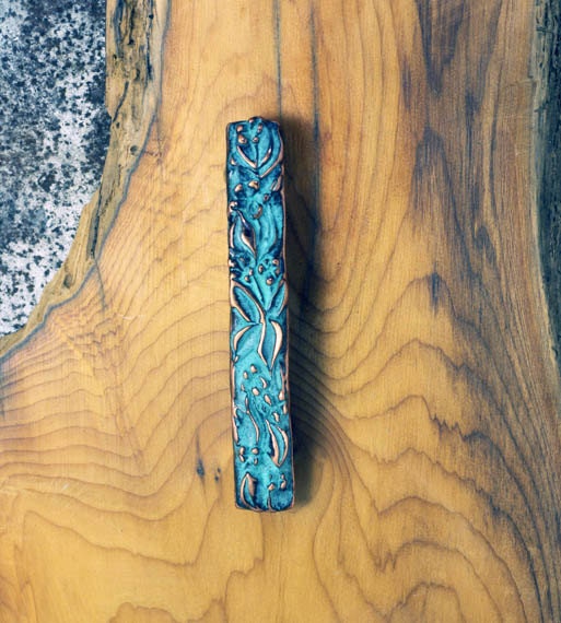Wood violet large hair barrette in copper with blue green patina