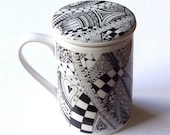Lidded mug, infuser, black and white zentangle design, tea, porcelain
