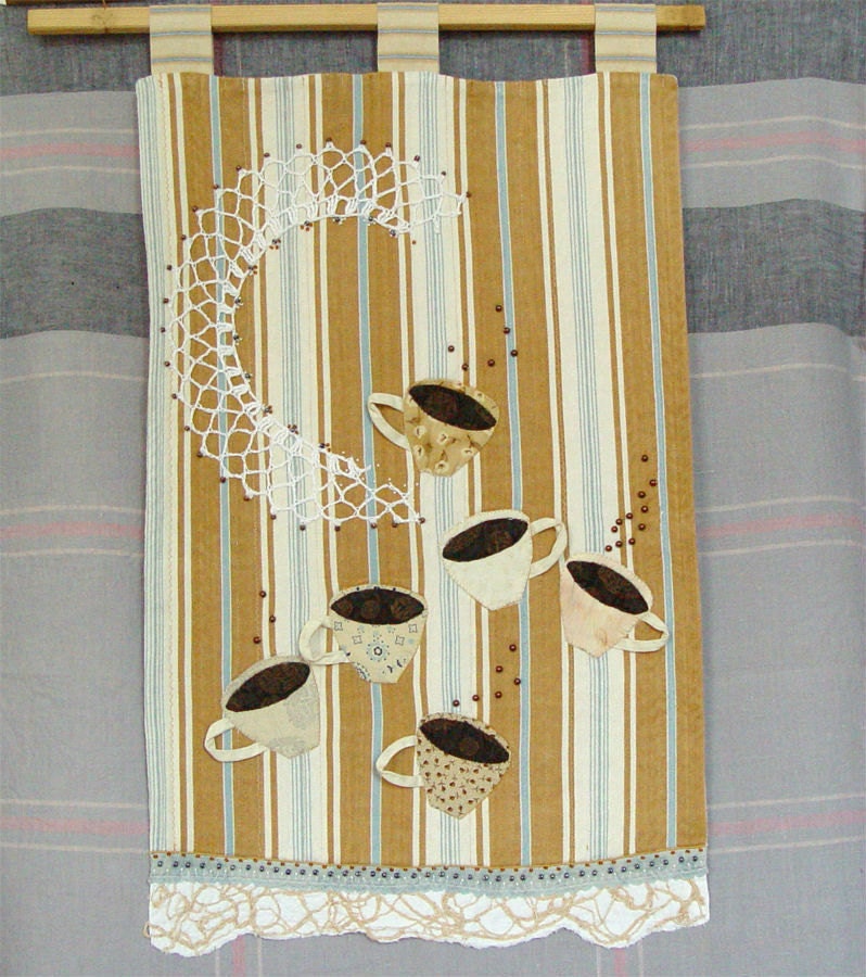 COFFEE quilt, Art Quilt, Appliqued Beaded, Vintage look, Home Decor, Wall Hanging, caramel cream