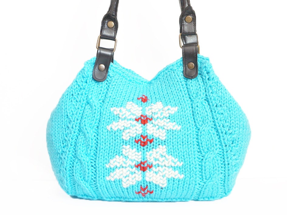 Turquoise Shoulder Bag - Celebrity Style With Genuine Leather Black  Straps / Handles hand bag hand made-knit bag