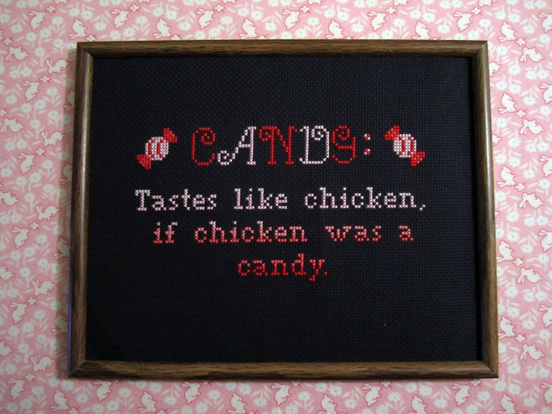 Metalocalypse "if chicken was a candy" framed cross stitch