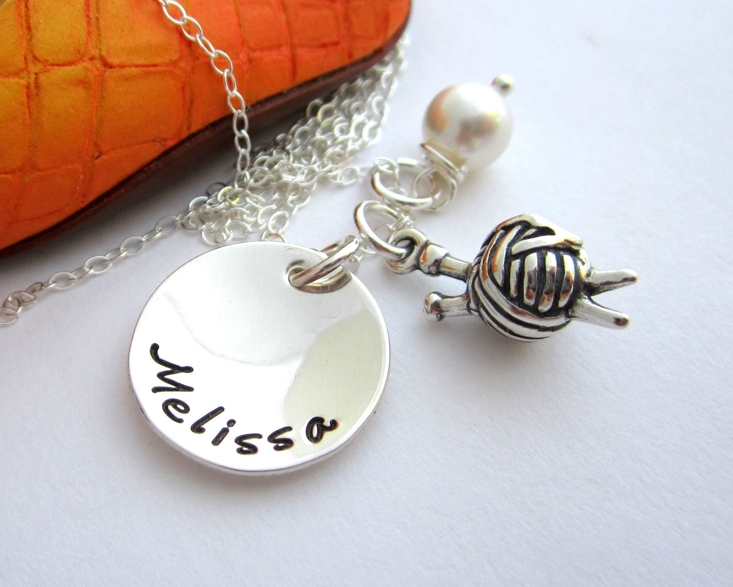 Personalized Hand Stamped Jewelry, Sterling Silver, Hand Stamped Mommy Necklace - Knitting Charm Jewelry & Swarovski Pearl ( custom color)