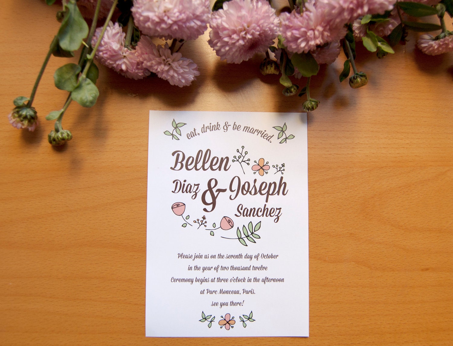 Rustic Wedding Invitation - "Eat, Drink & Be Married"  With Decorative Flowers