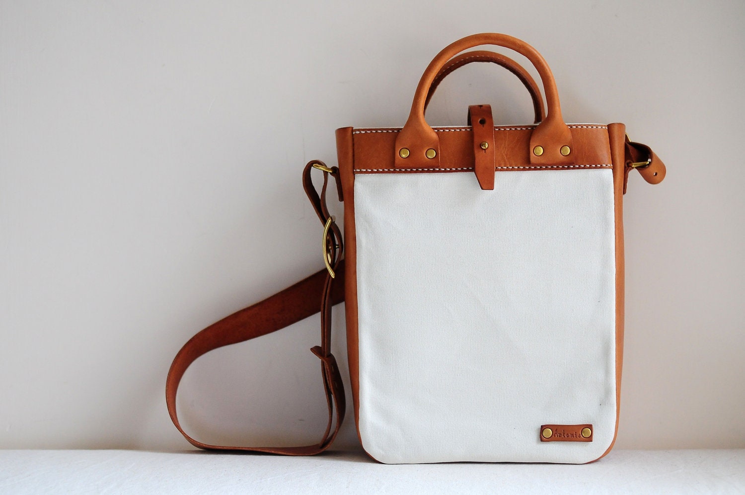 Hand Stitched Brown Leather And Canvas Shoulder Bag/ Tote Bag