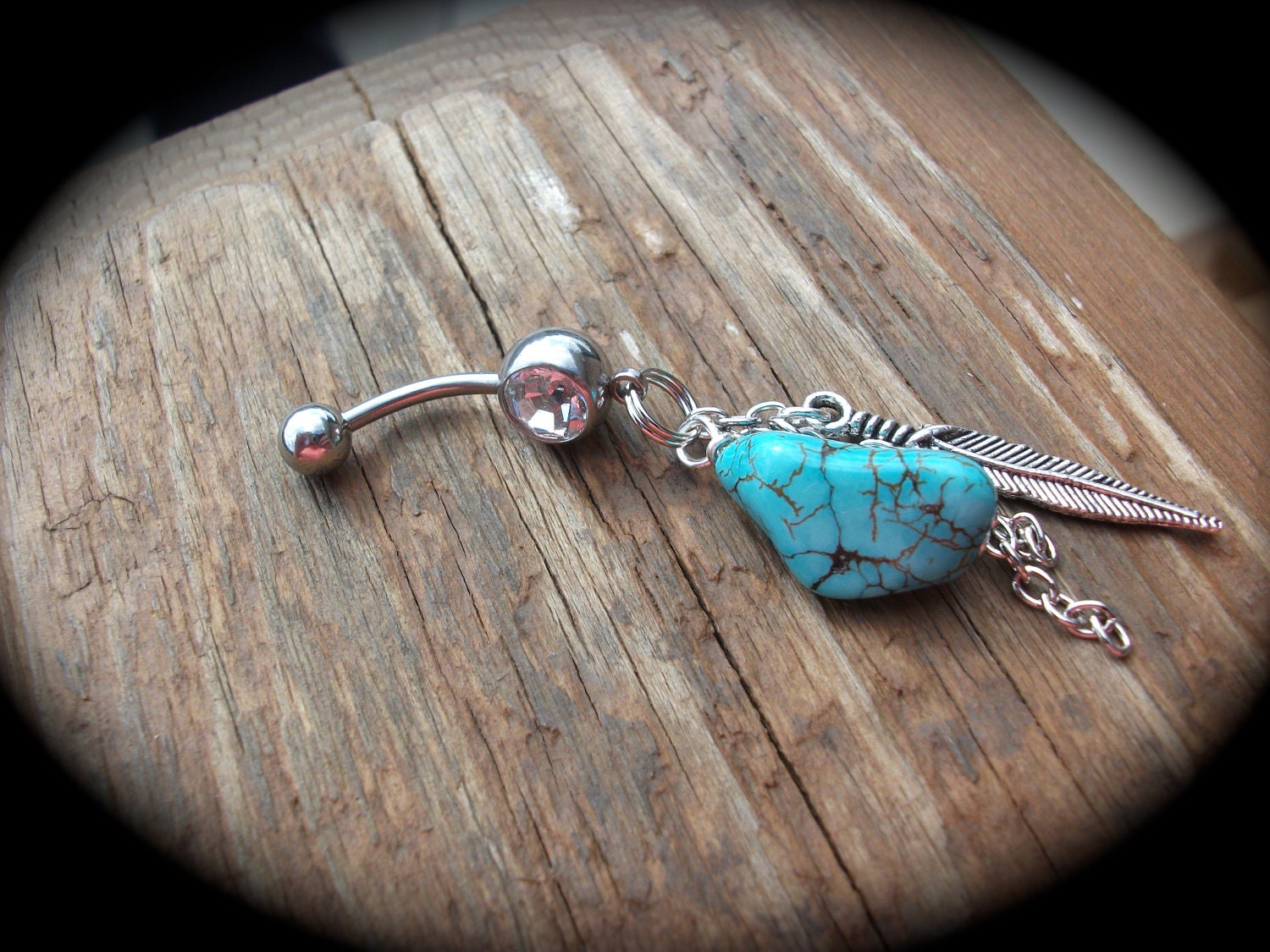 Turquoise Feather Dangle Hippy Boho Belly Ring 14 Gauge