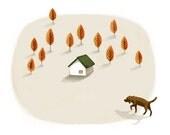 the little house surrounded by trees - sketch digitally coloured - Art Print - dog, forest, house, trees