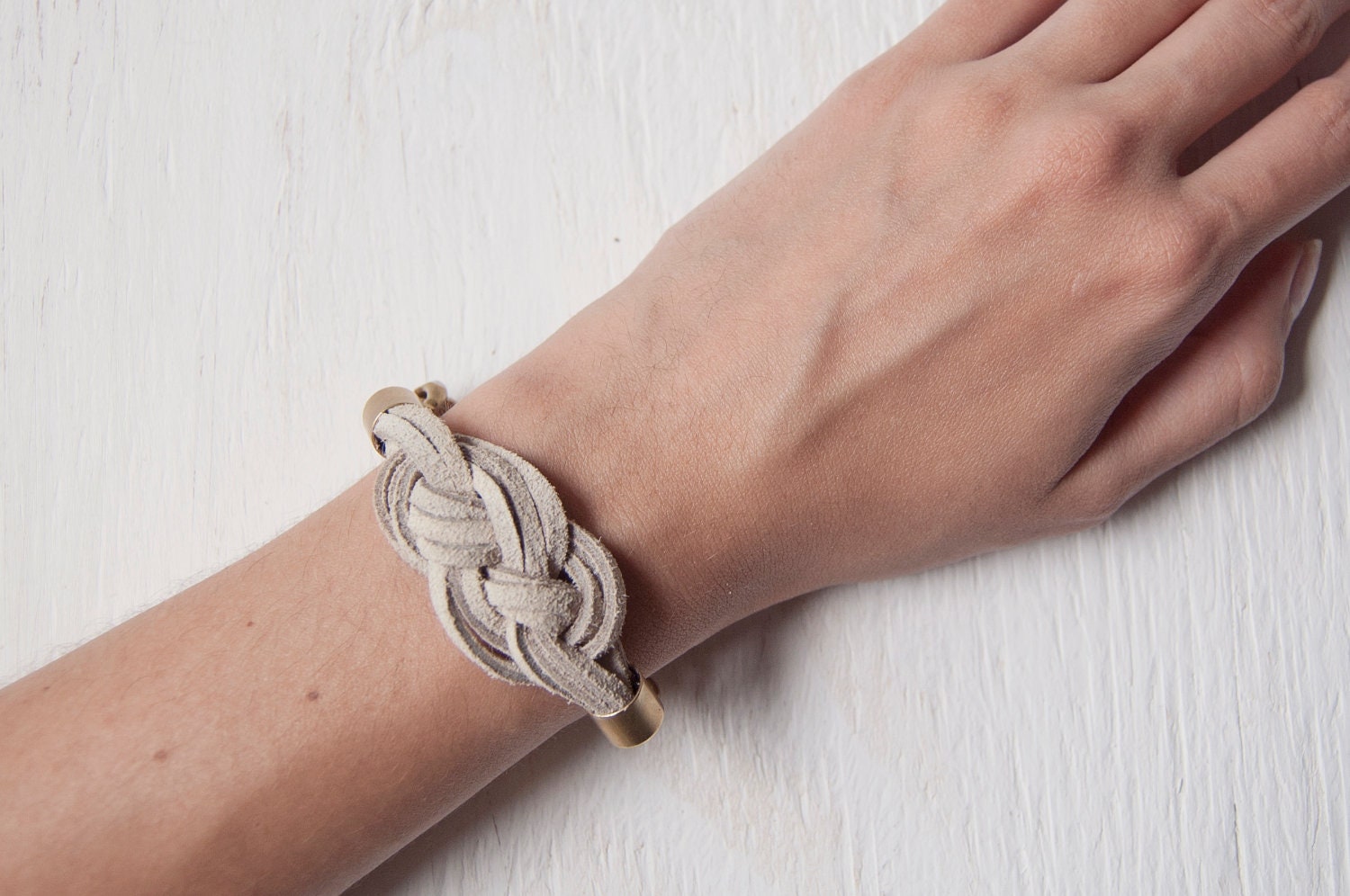 Sailor's Knot Bracelet - Bone white-colored suede and raw brass chain