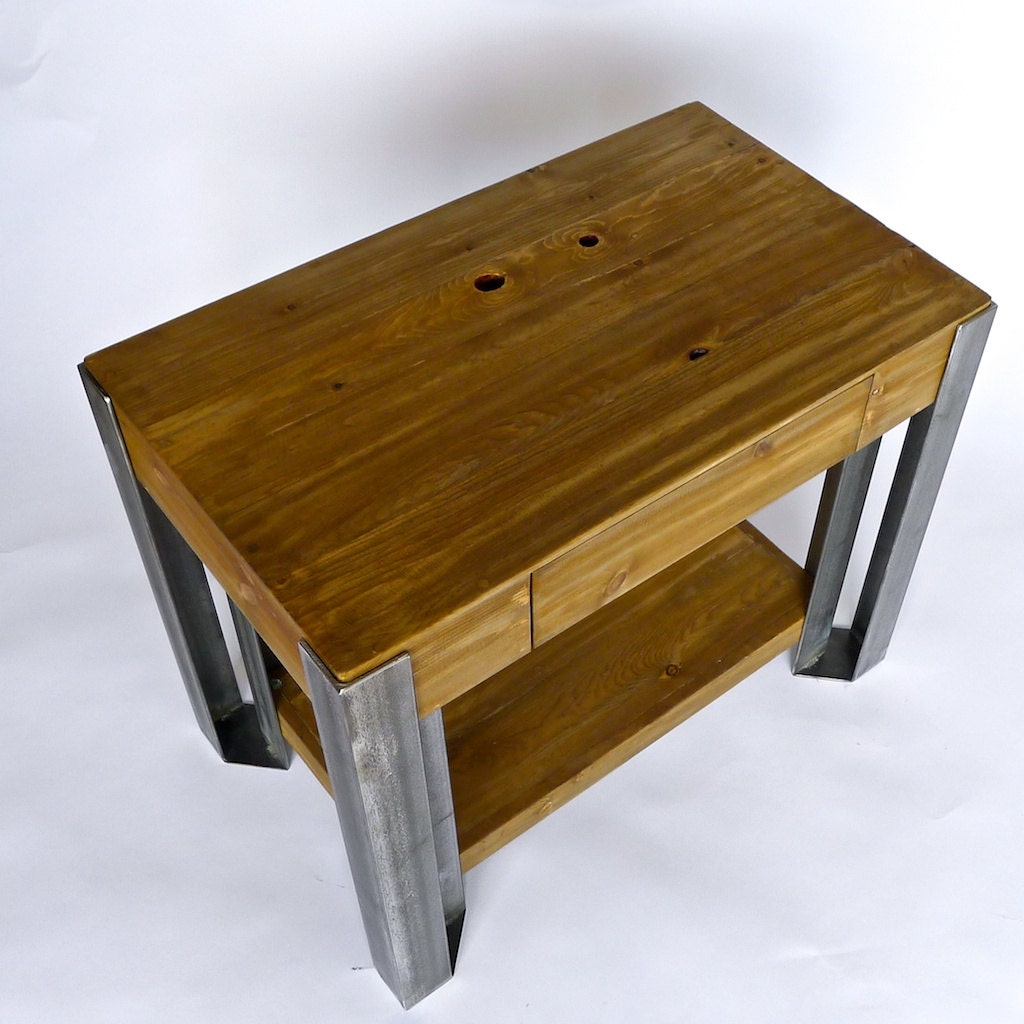 Gale Side Table angle iron welded steel legs and natural beetle kill pine wood with eco-friendly stain