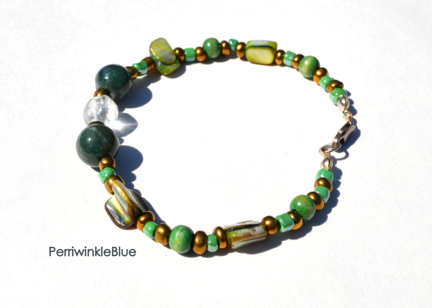 Summer Meadow Bracelet, Green India Jade, Czech Seed Beads, Wood and Shell