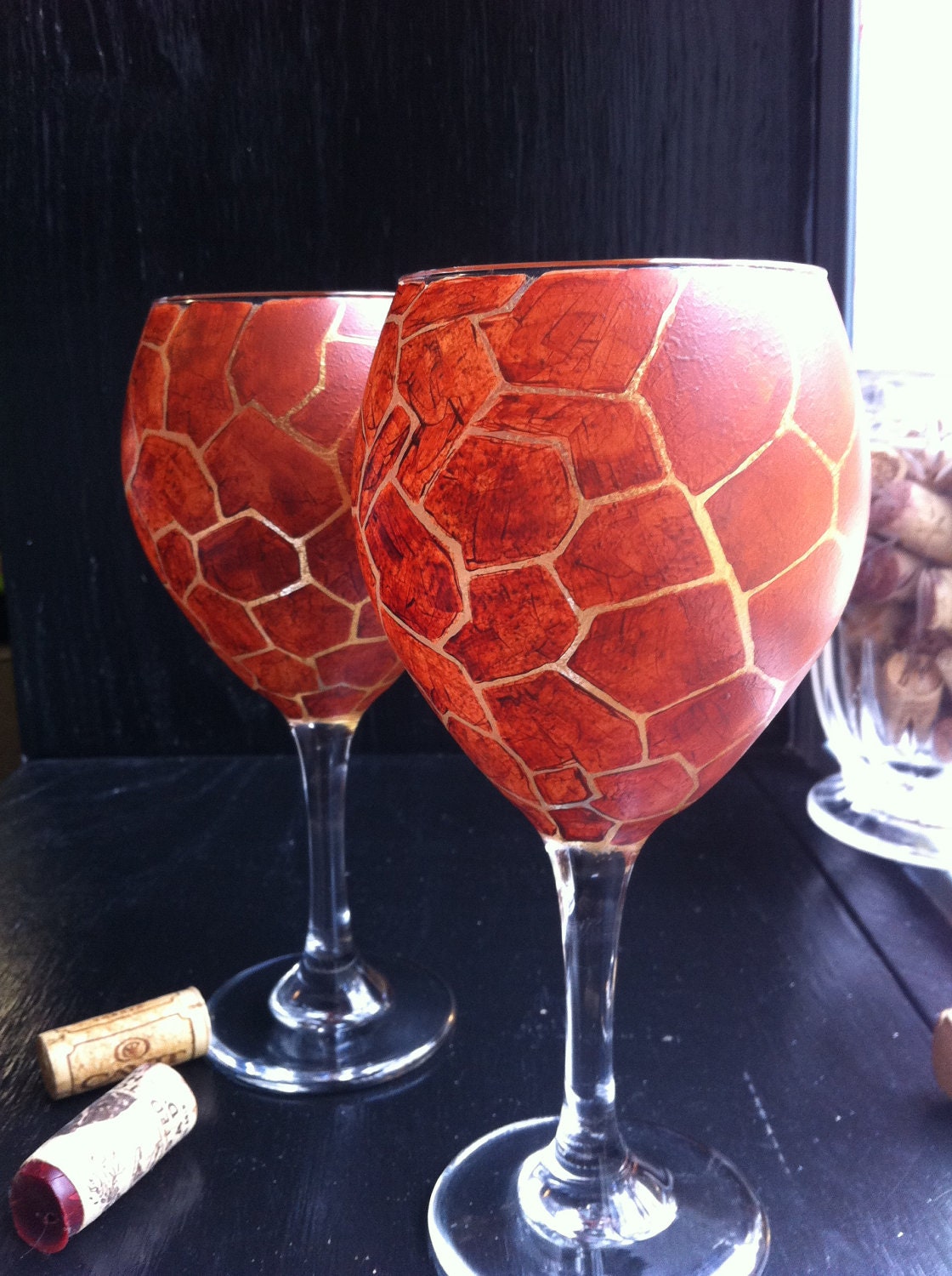 Set of 2 Hand Painted Giraffe Animal Print Wine Glasses