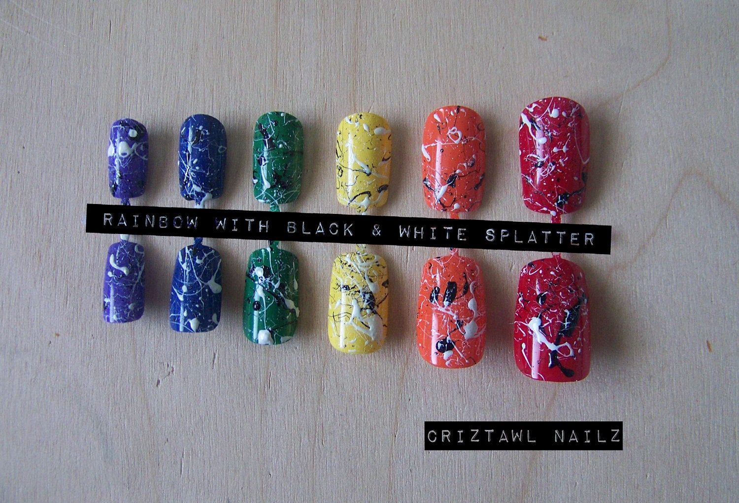 Rainbow with Black & White Splatter Nail Art Set