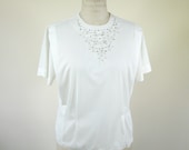 50s Ivory Beaded Blouse Short Sleeved Womens Extra Large