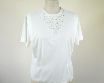 50s Ivory Beaded Blouse Short Sleeved Womens Extra Large