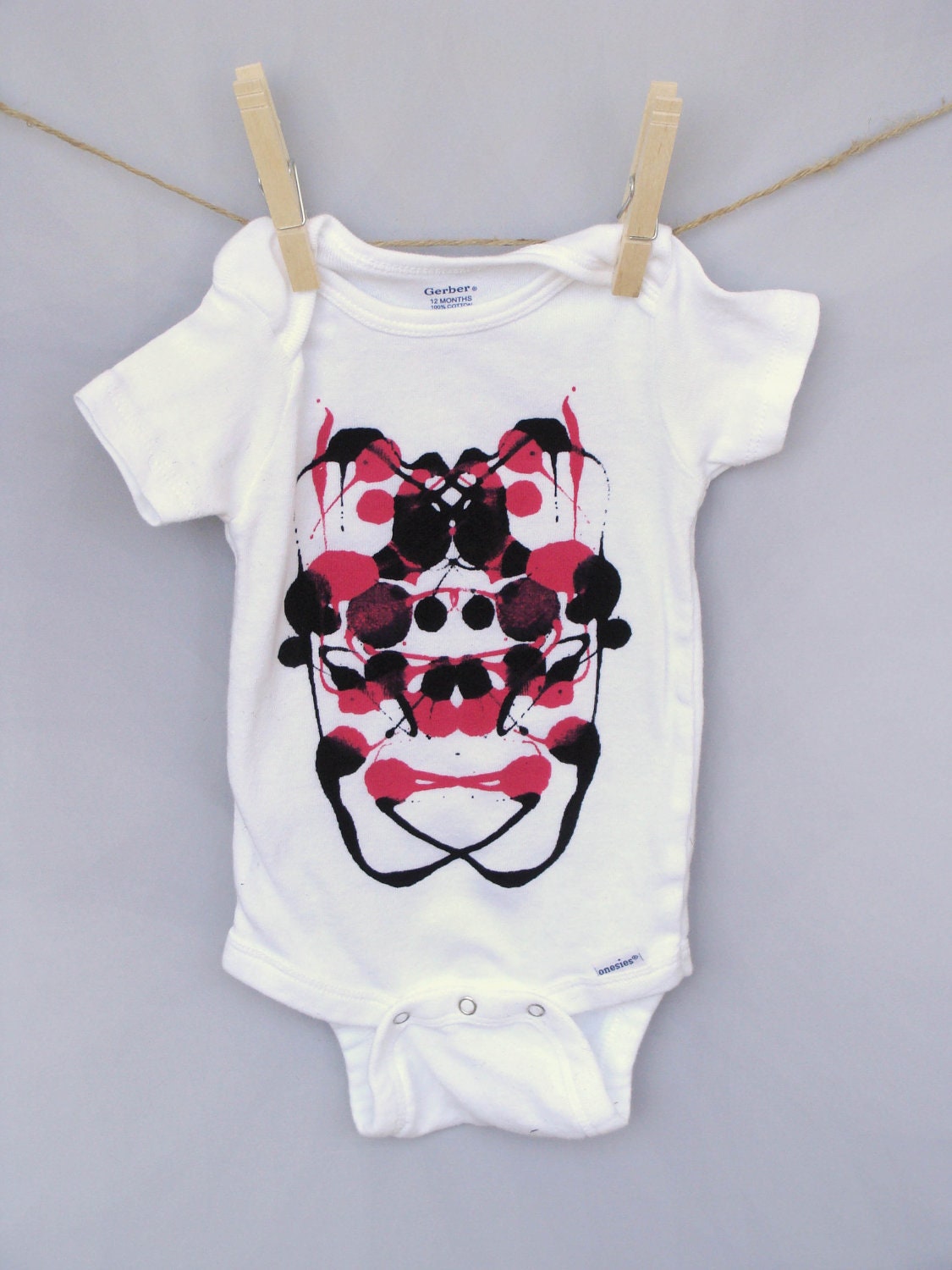 Unique Baby Gift - Decorated Baby Onesie - Ink Blot Design - Black & Dark Pink - 12 months - quality cotton onesie - non-toxic paint