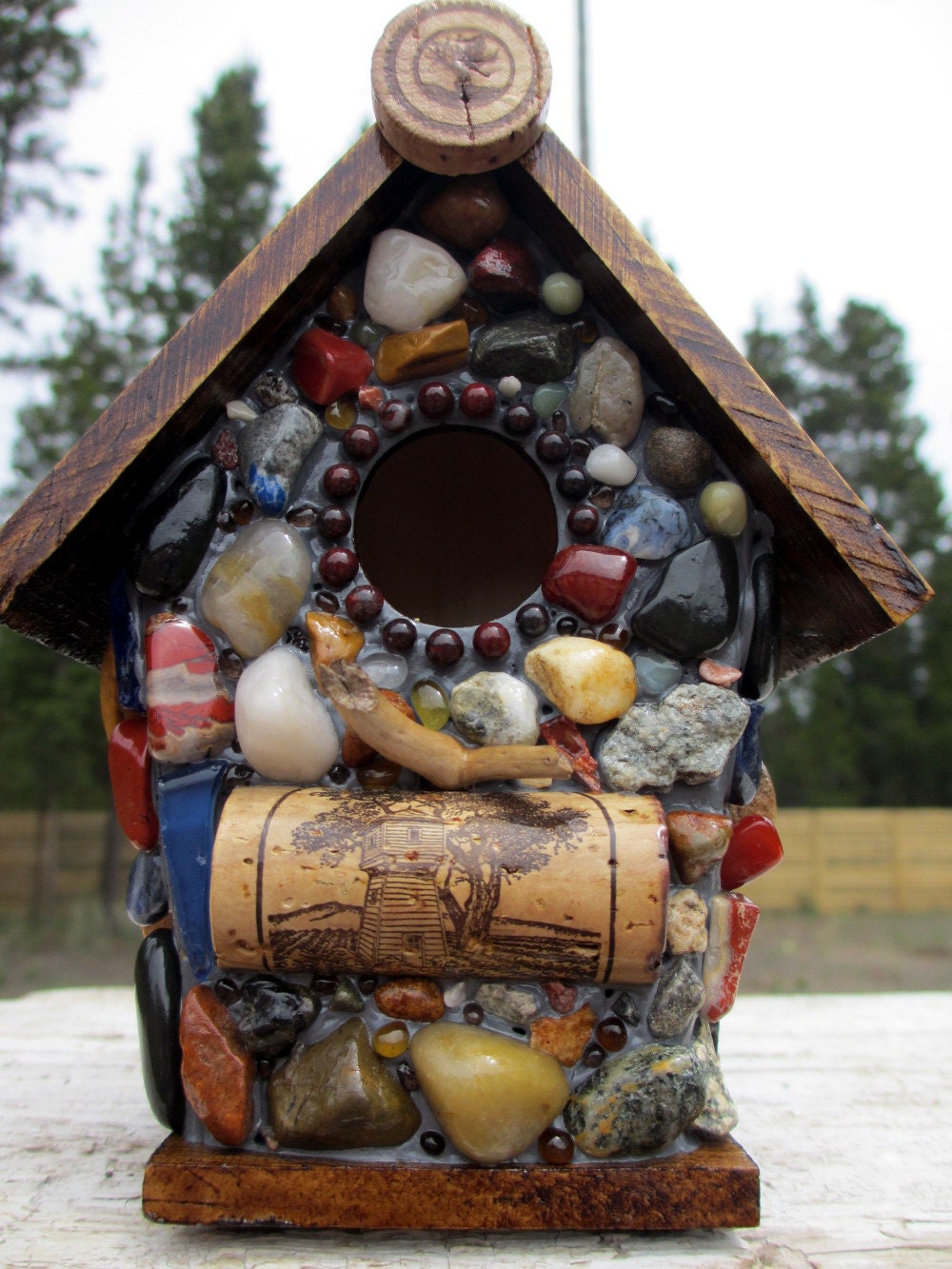 Cork Birdhouse with Light House and Ocean Agates-Eco Friendly