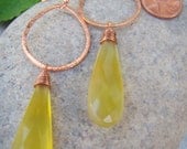 Yellow Drop Earrings - Hammered Copper Earrings - Teardrop Earrings - Long Dangle Earrings - Yellow Chalcedony Earrings