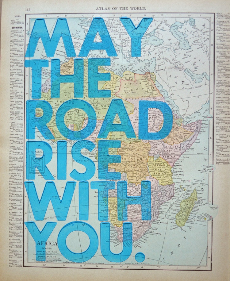 Africa / May The Road Rise With You/ Letterpress Print on Antique Atlas Page from 1911