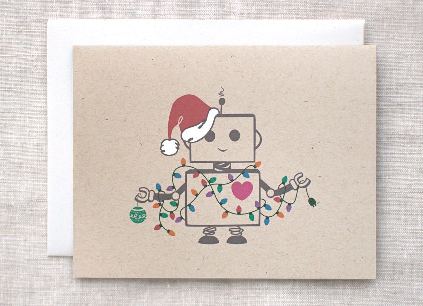 Christmas Card, Robot Santa Holiday Card - Kawaii, Ecofriendly, Recycled Brown - Hand Painted