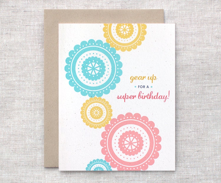 Spring Birthday Card - Eco Friendly, Gear Up for a Super Birthday, Peach, Mustard, Teal