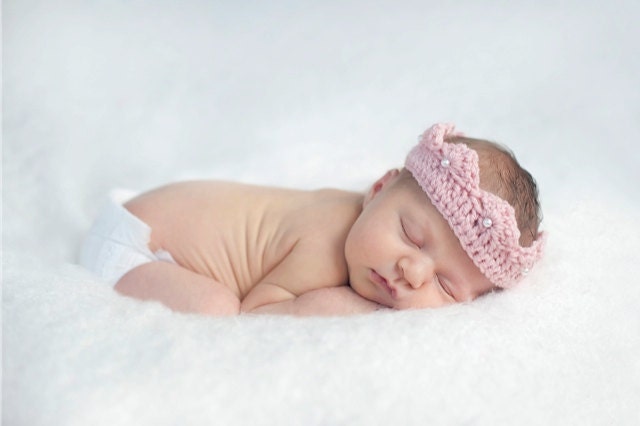 Baby Girl Pink Crown-Crocheted Newborn Photo Prop-with Bead Accents