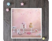 cupcake still life art print, sweet party, cake kitchen art, french pastry macaroon, illustration in pastel pink retro colors