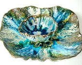 Lace Platter and bowl set, SECOND SALE, Ceramic serving bowl and platter, chip and dip set,  turquoise, emerald green, serving set