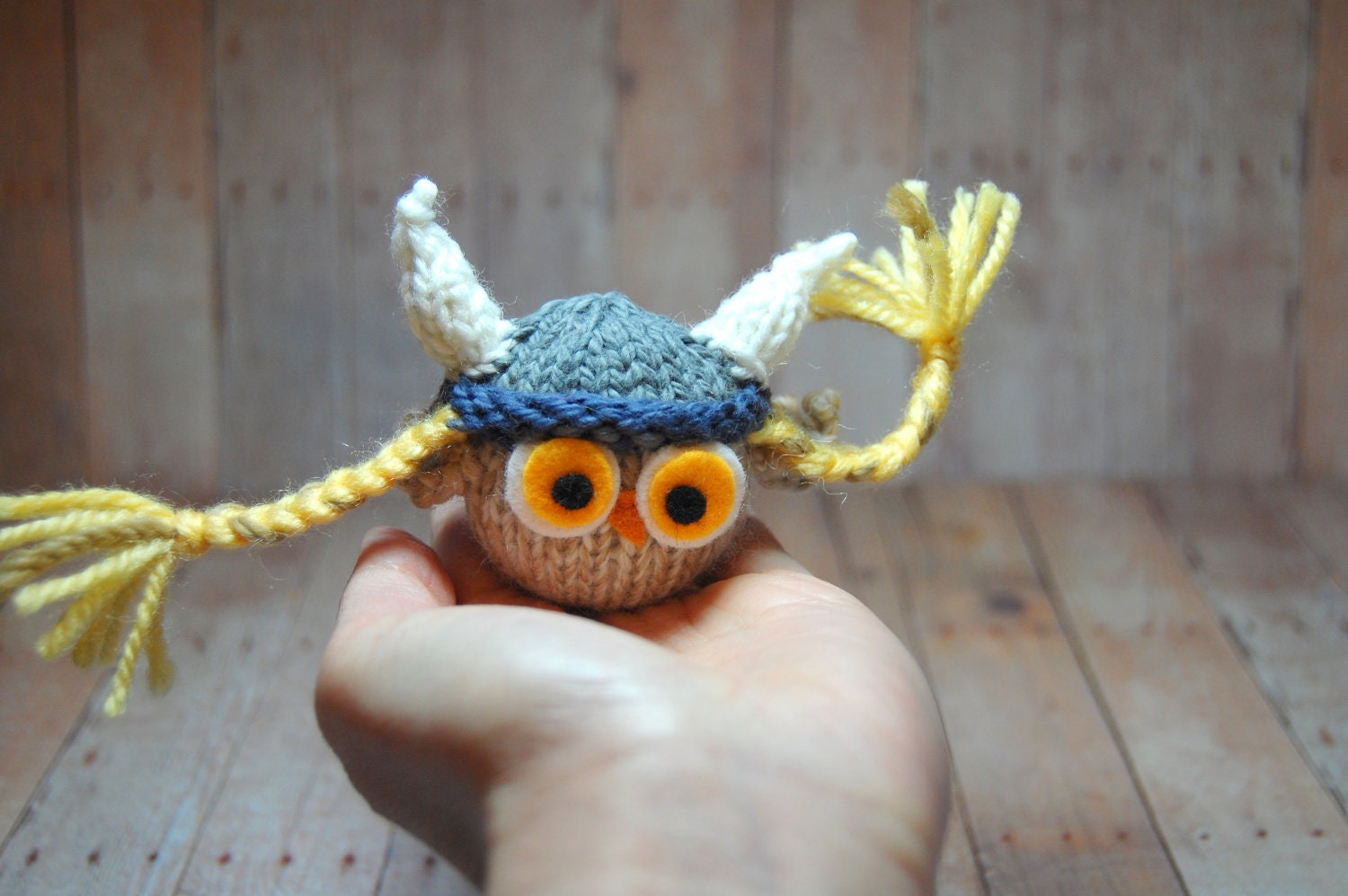Owl with Viking Hat Toy Knit Woodland Bird Waldorf Viking Owl Plush Softie Ornament Decor Natural Fibers