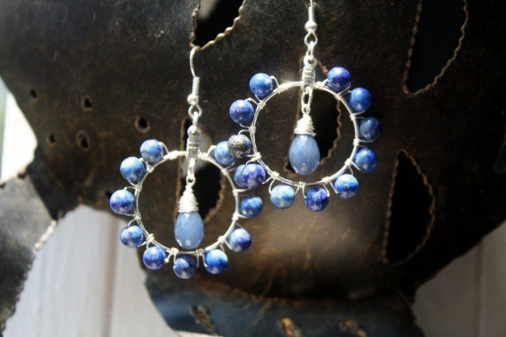 Hoops Earrings, Blue Wire Wrapped,Lapis Lazuli, Cobalt Blue, Chalcedony