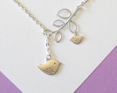 Matte Silver Mom and Baby Bird With Branch  Lariat Necklace, handmade jewelry, mother's day