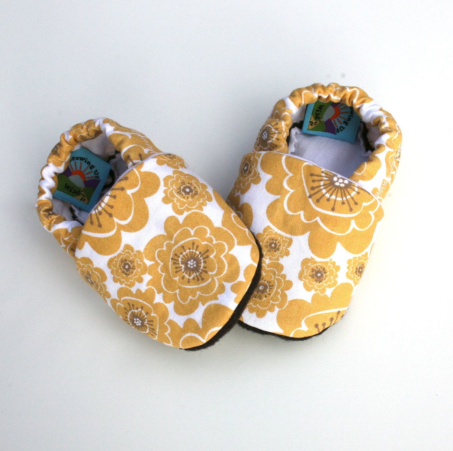 Organic Baby Girl Handmade 0 3 6 12 18 months Floral Print Shoes / Booties Golden Yellow Mum Flowers Eco Friendly Children Clothing