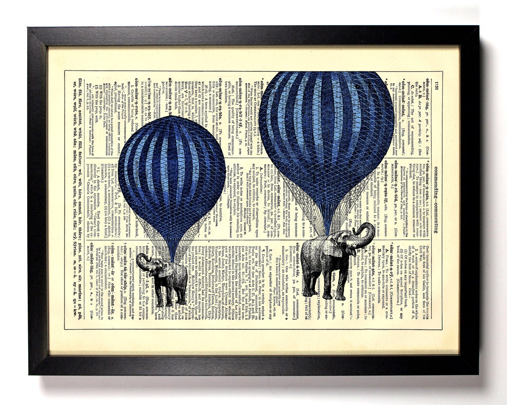 High Flying Elephants Hot Air Balloon Book Art Upcycled Vintage Book Page Antique Dictionary Buy 2 Get 1 FREE