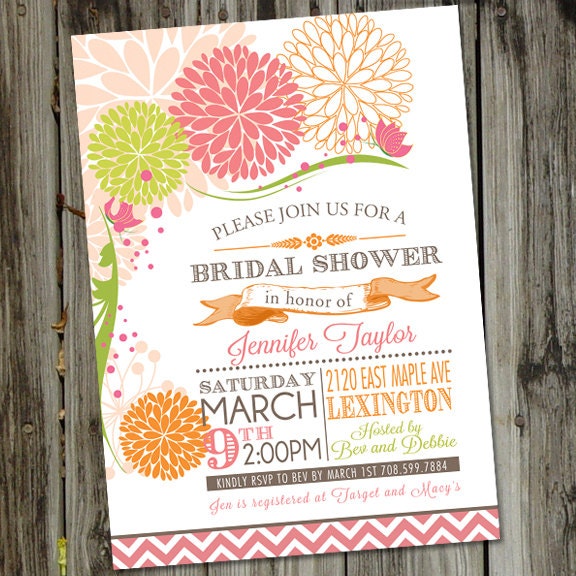 Spring Fling Pink and Orange Retro Flowers Bridal Shower Invitation