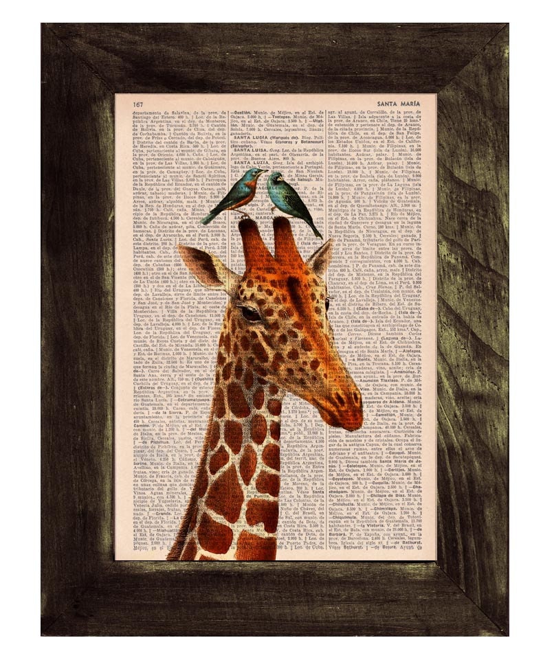Honeymoon Giraffe-Birds love-  Dictionary Book Print - Altered art on upcycled book pages