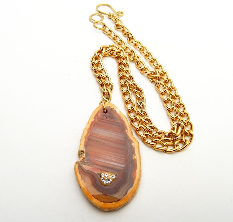 Gold Agate Pendant Chain Necklace with Swarovski Crystals, Large Semi Precious Stone, Free Shipping