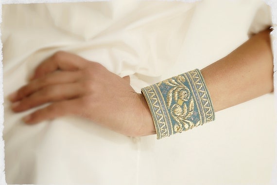 Handmade Vintage French Silk Ribbon Bracelet Cuff in Blue, Silver & Gold motif, embellished with Swarovski crystals