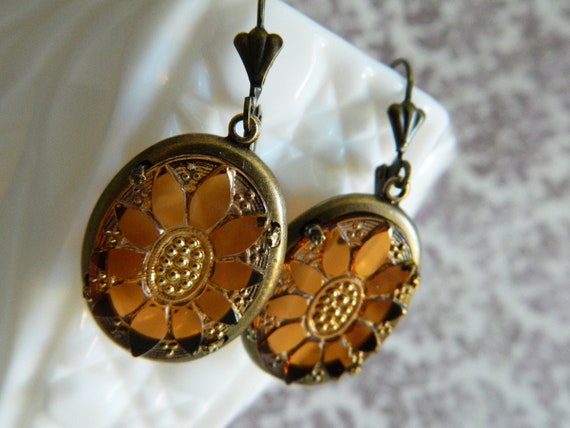 Autumn Earrings Fall Vintage Carved Glass Sunflowers Golden Honey Topaz - Indian Summer