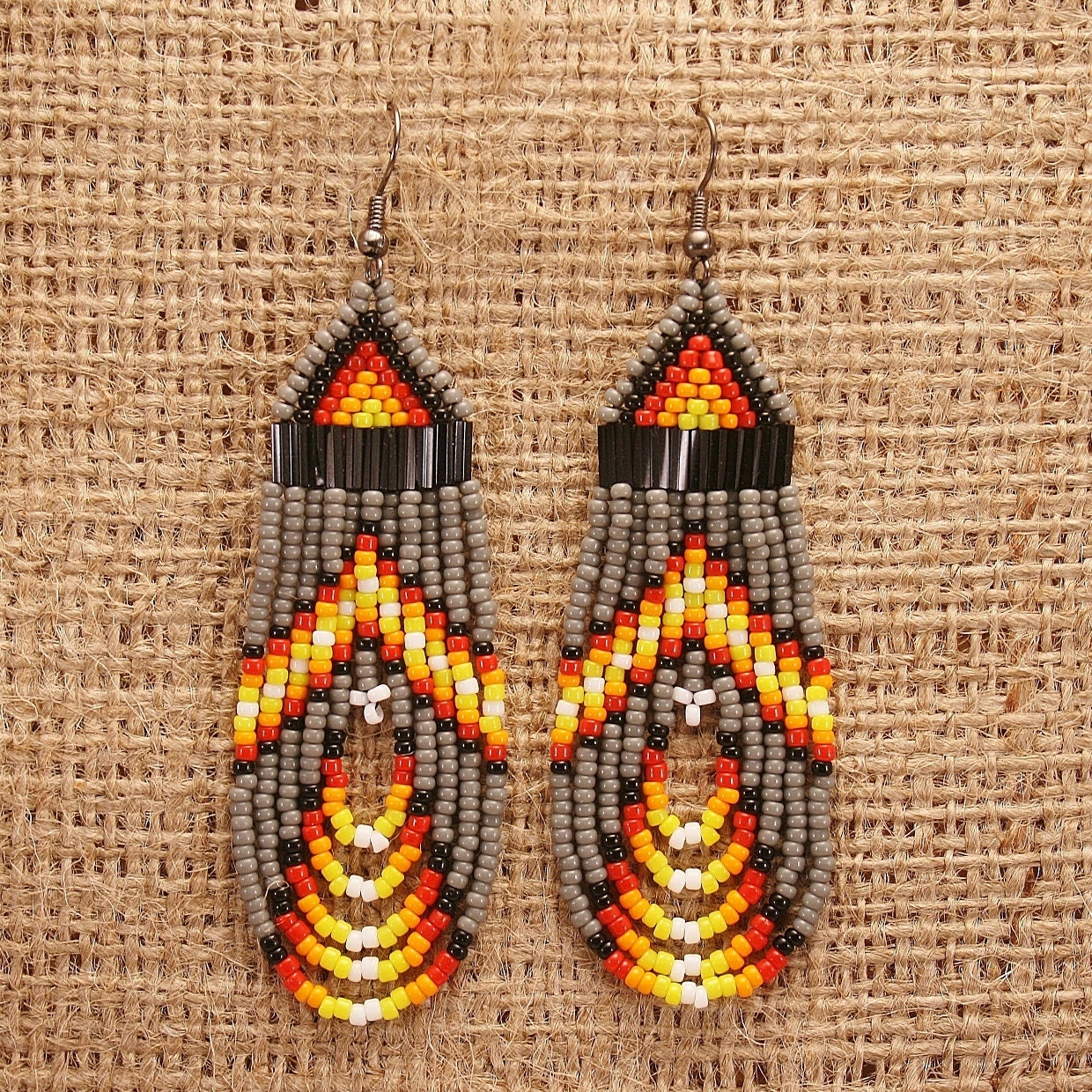SALE - Masked White Wolf Earrings - Beaded Southwestern Native American Style Grey Seed Bead Boho Bohemian Indie