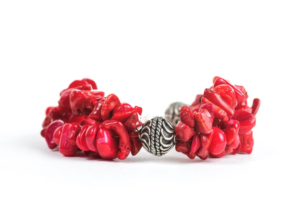 Red Autumn Fashion Chunky Beaded Bracelet Red Coral Jewelry Gift Idea For Her