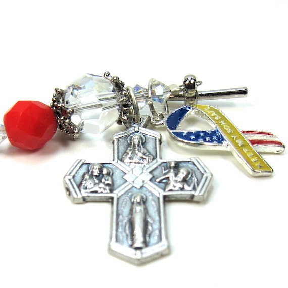 Red White and Blue Rosary Bracelet Keep My Son Safe Flag Ribbon Four Way Medal Catholic Vintage Swarovski Crystal Bead