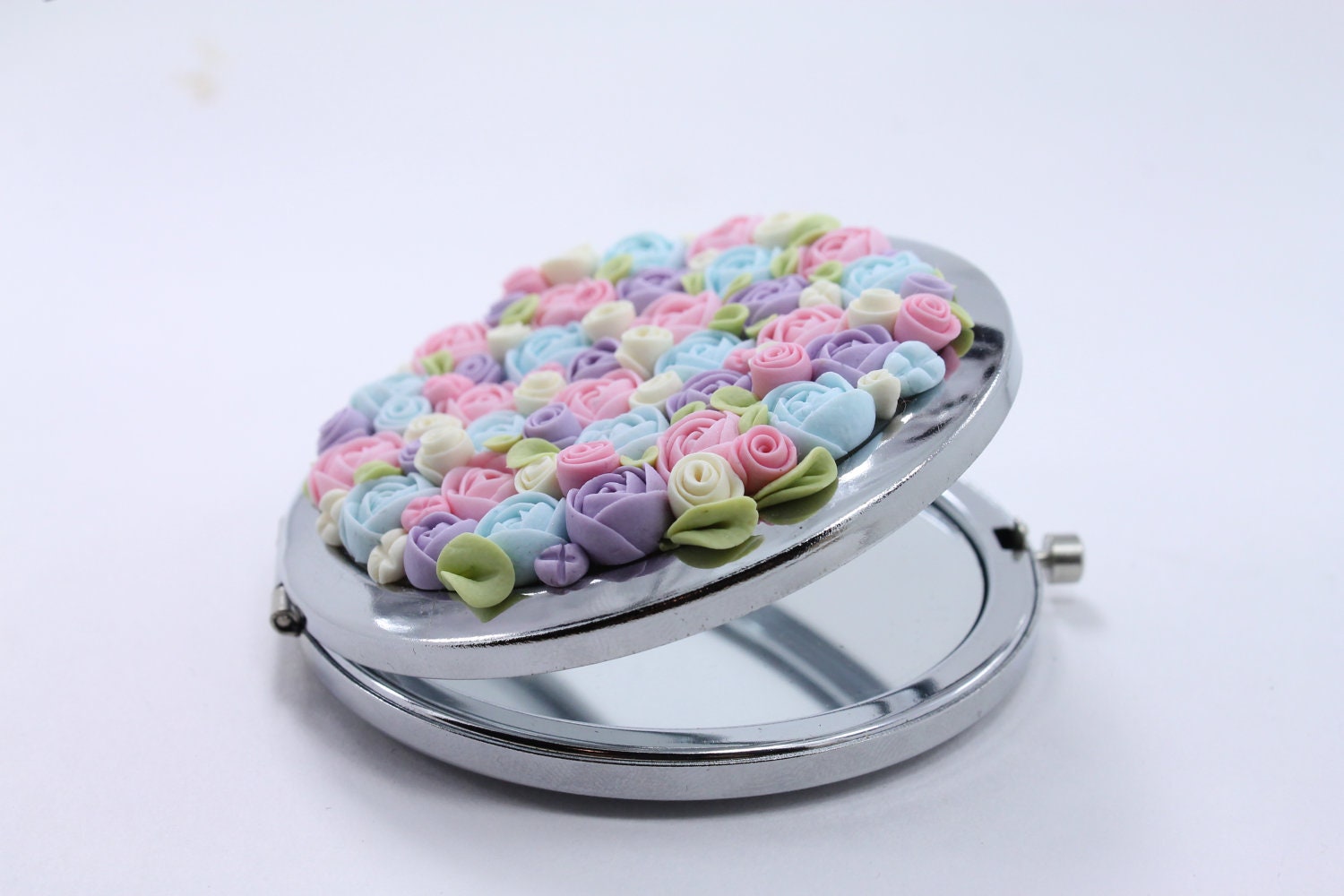 Art Pocket Mirror -- with beautiful handmade flowers -- Free shiping