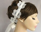 Bridal Wedding Ribbon Headband with Silver Sequined Daisies in Tulle. Handmade